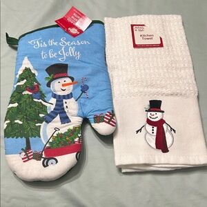 Holiday Time Snowman Oven Mitt and Towel Set - Blue and White